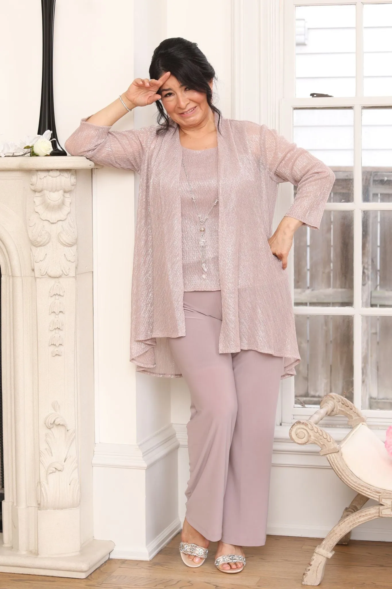 R&M Richards Women's Three Piece Metallic Crinkle Duster Mother of the Bride Pantsuit