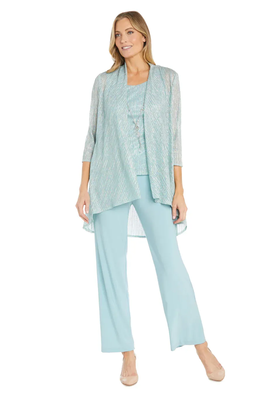 R&M Richards Women's Three Piece Metallic Crinkle Duster Mother of the Bride Pantsuit