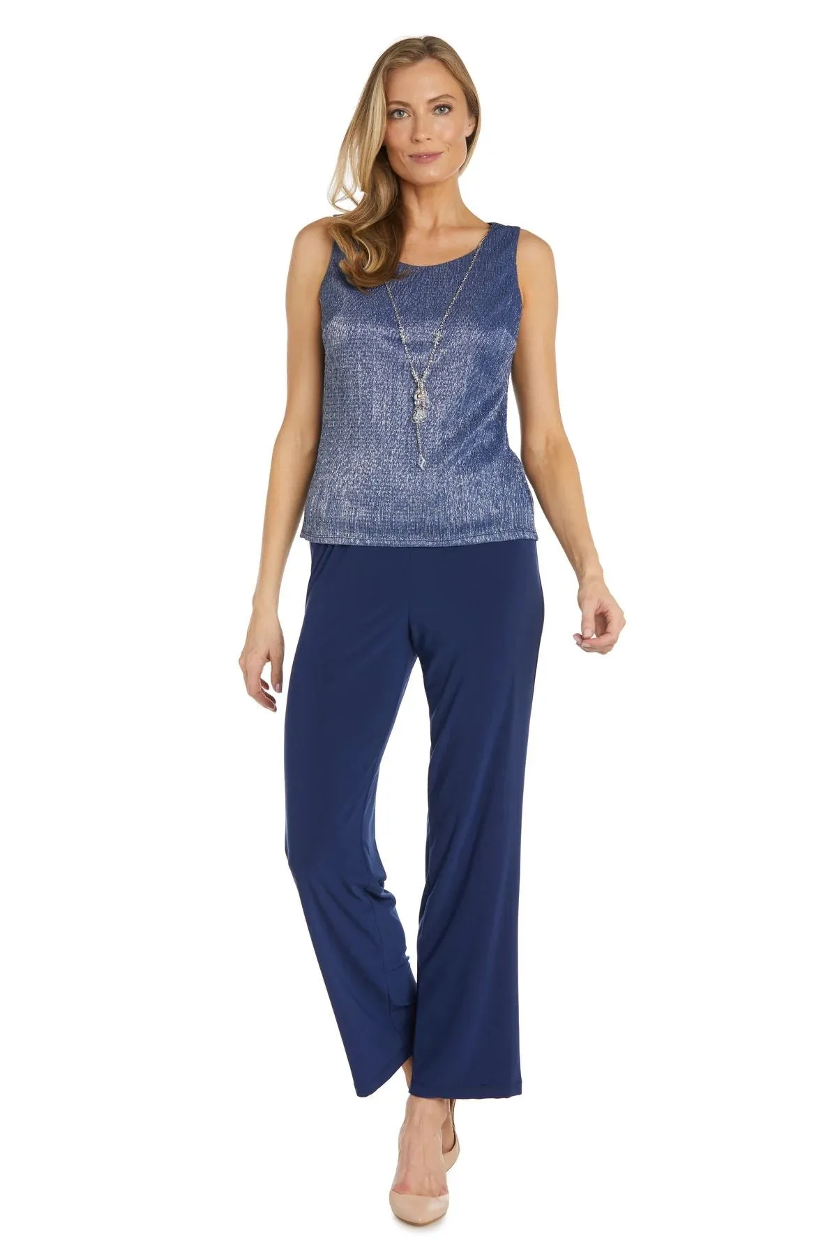 R&M Richards Women's Three Piece Metallic Crinkle Duster Mother of the Bride Pantsuit
