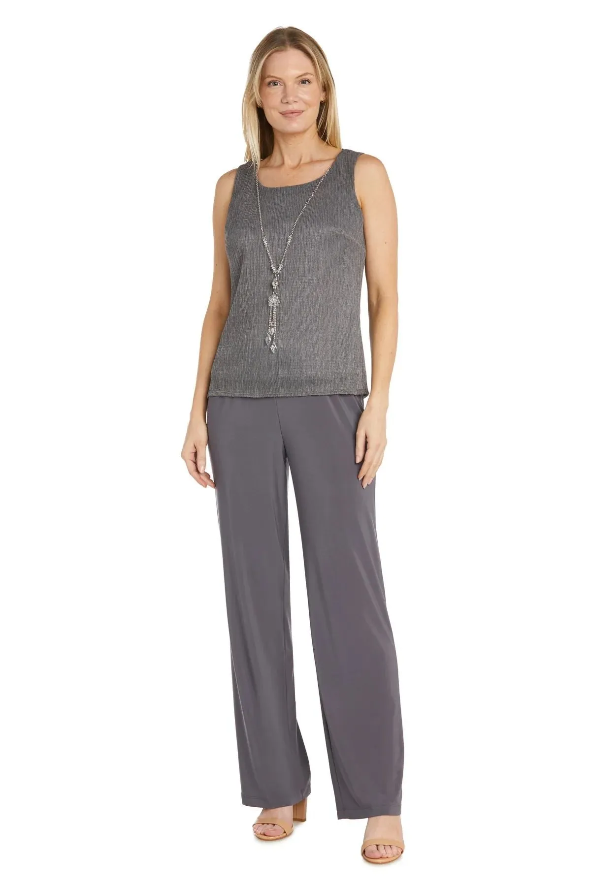 R&M Richards Women's Three Piece Metallic Crinkle Duster Mother of the Bride Pantsuit