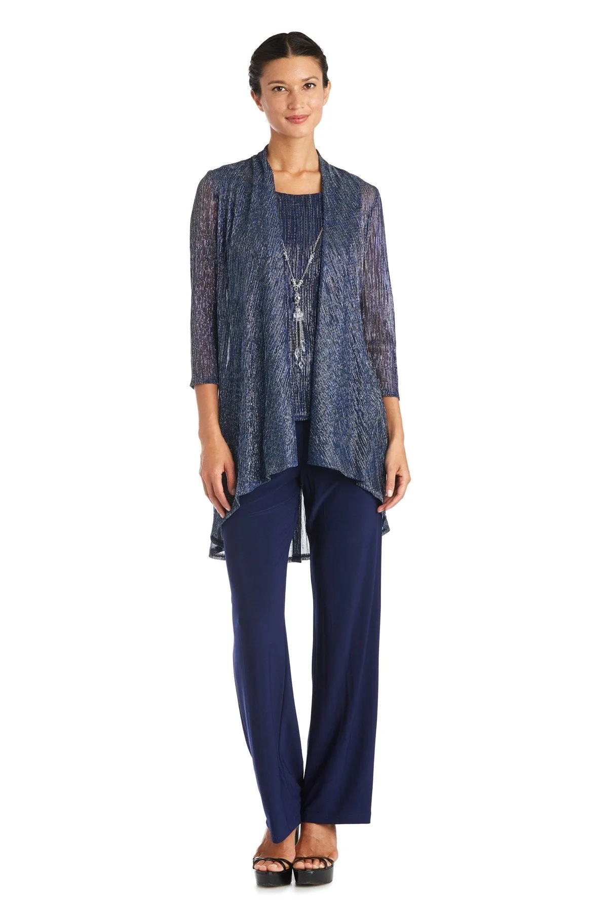 R&M Richards Women's Three Piece Metallic Crinkle Duster Mother of the Bride Pantsuit