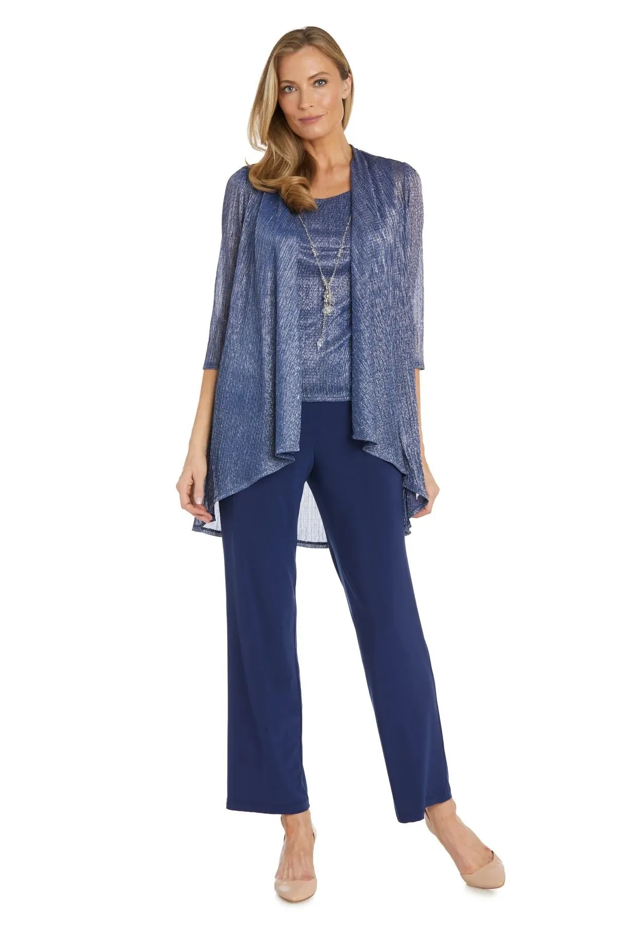 R&M Richards Women's Three Piece Metallic Crinkle Duster Mother of the Bride Pantsuit