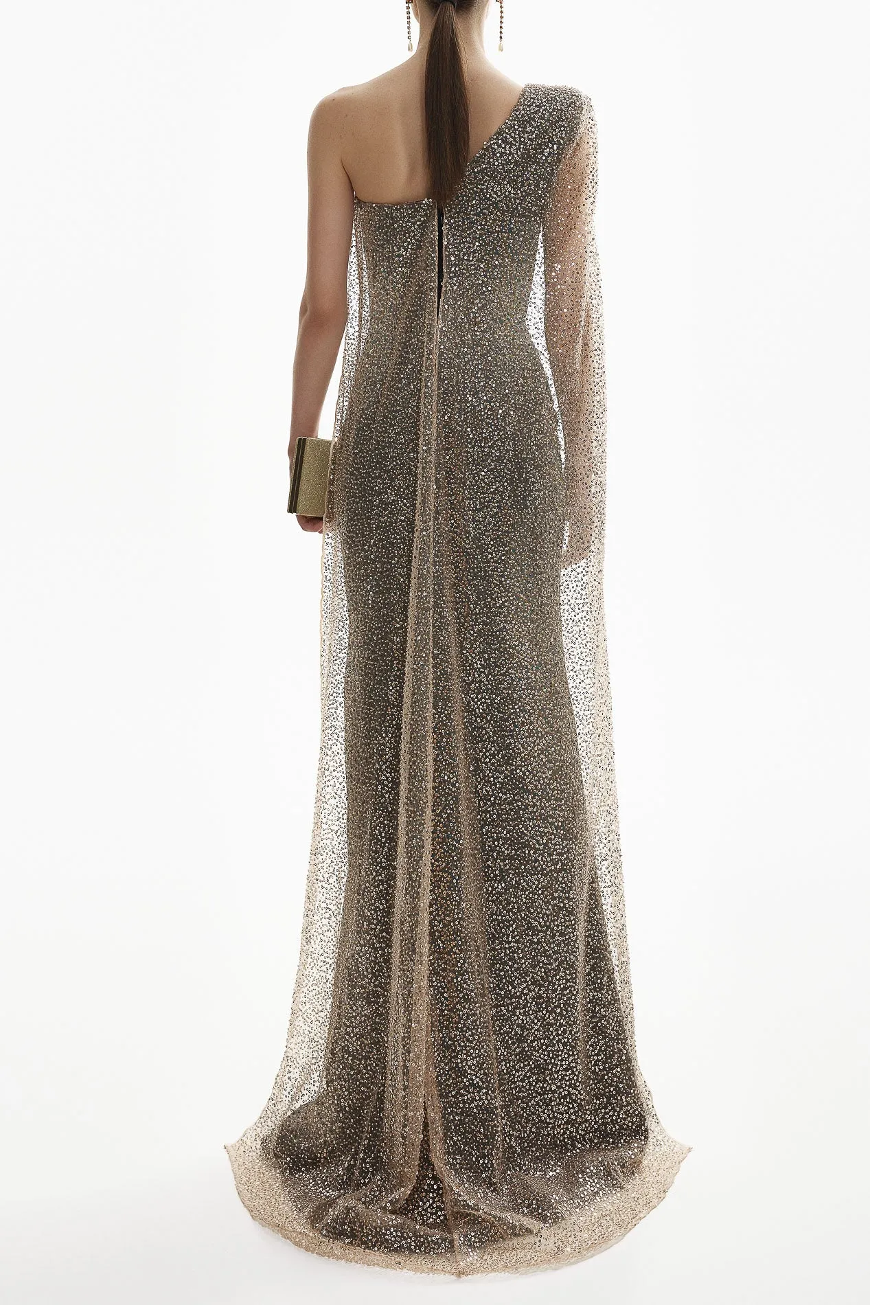 Rani One Shoulder Embroidered Cape Gown