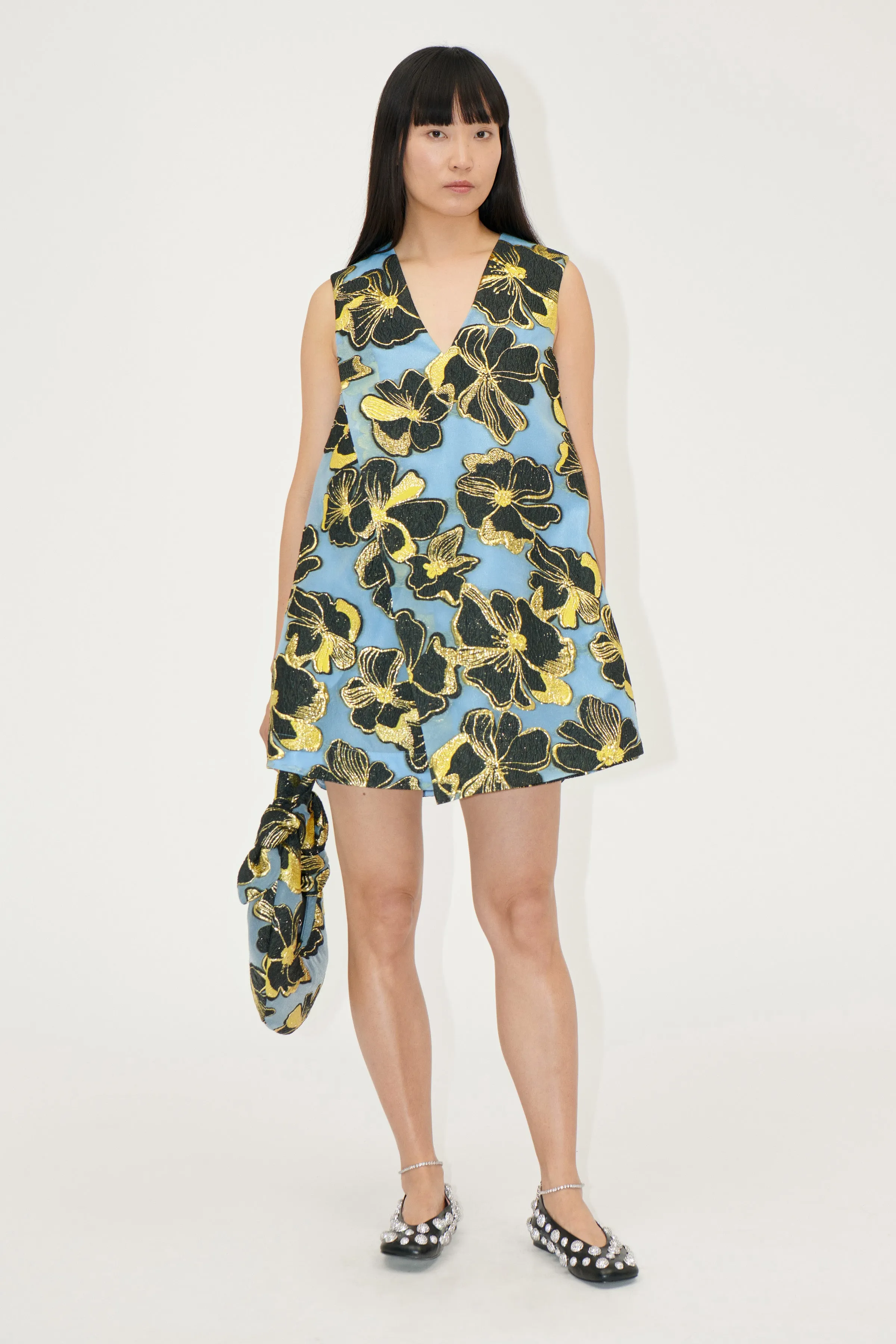 Sleeveless V-Neck Short Dress - Blue Anemone Jacquard