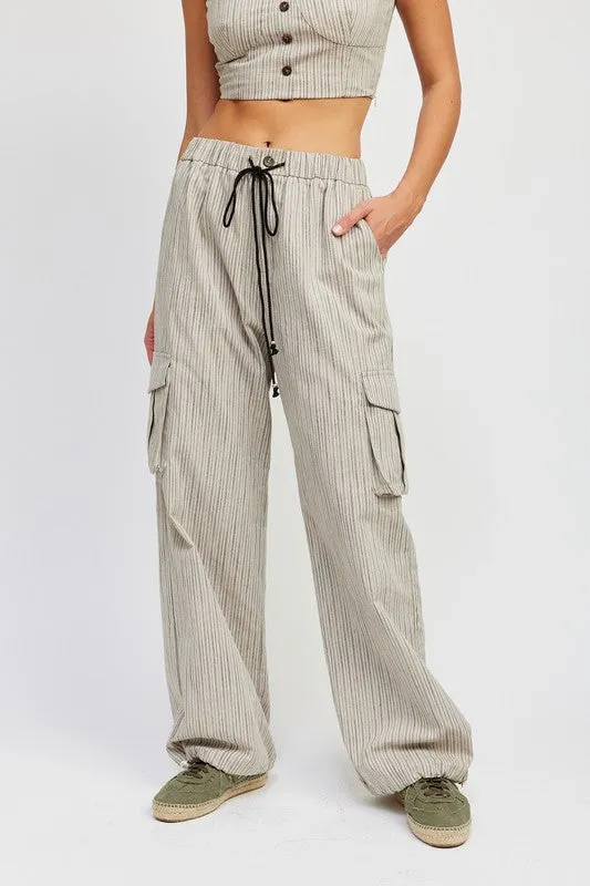 Striped Cargo Pants With Waist Drawstring