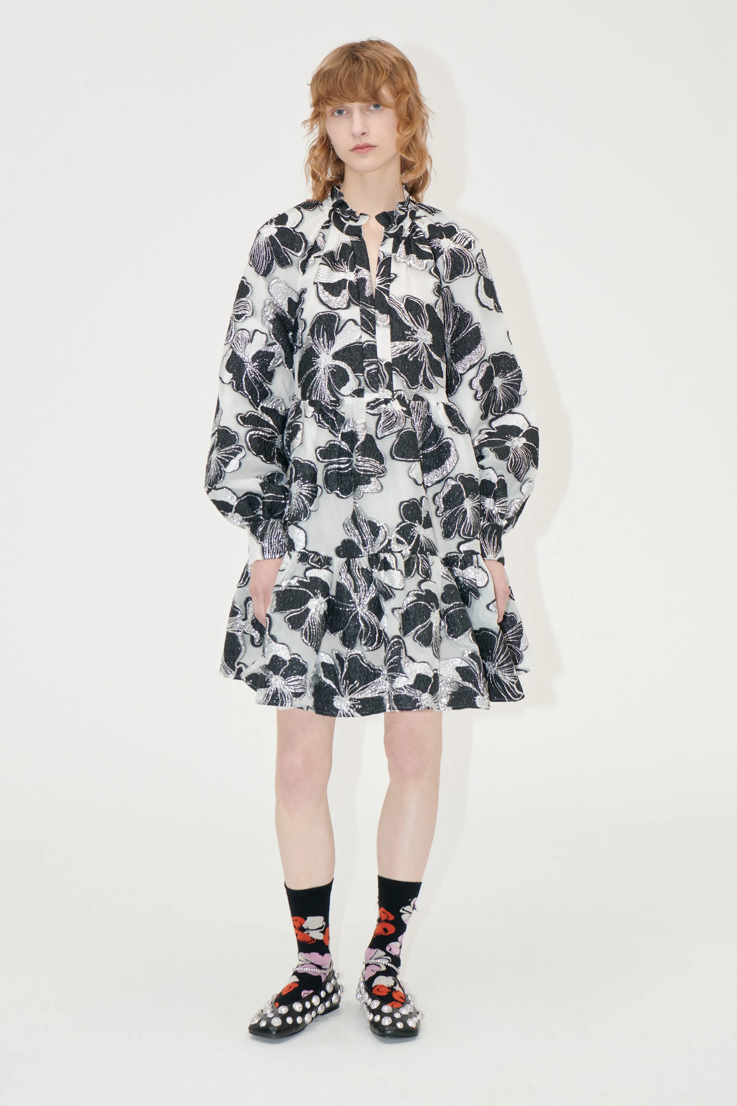 Tier Voluminous Ruffle Mini Dress - Anemone Jacquard