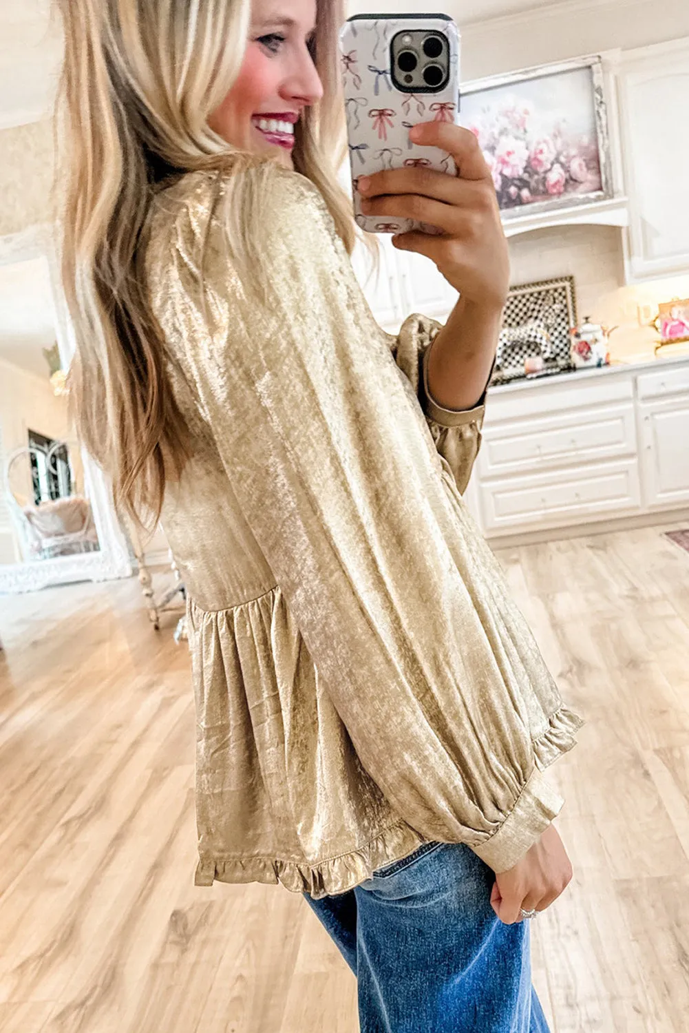 Trendy Metallic V-Neck Blouse with Frill Details