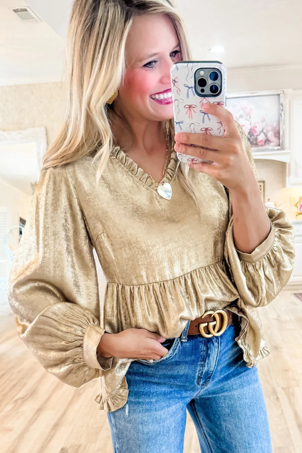 Trendy Metallic V-Neck Blouse with Frill Details