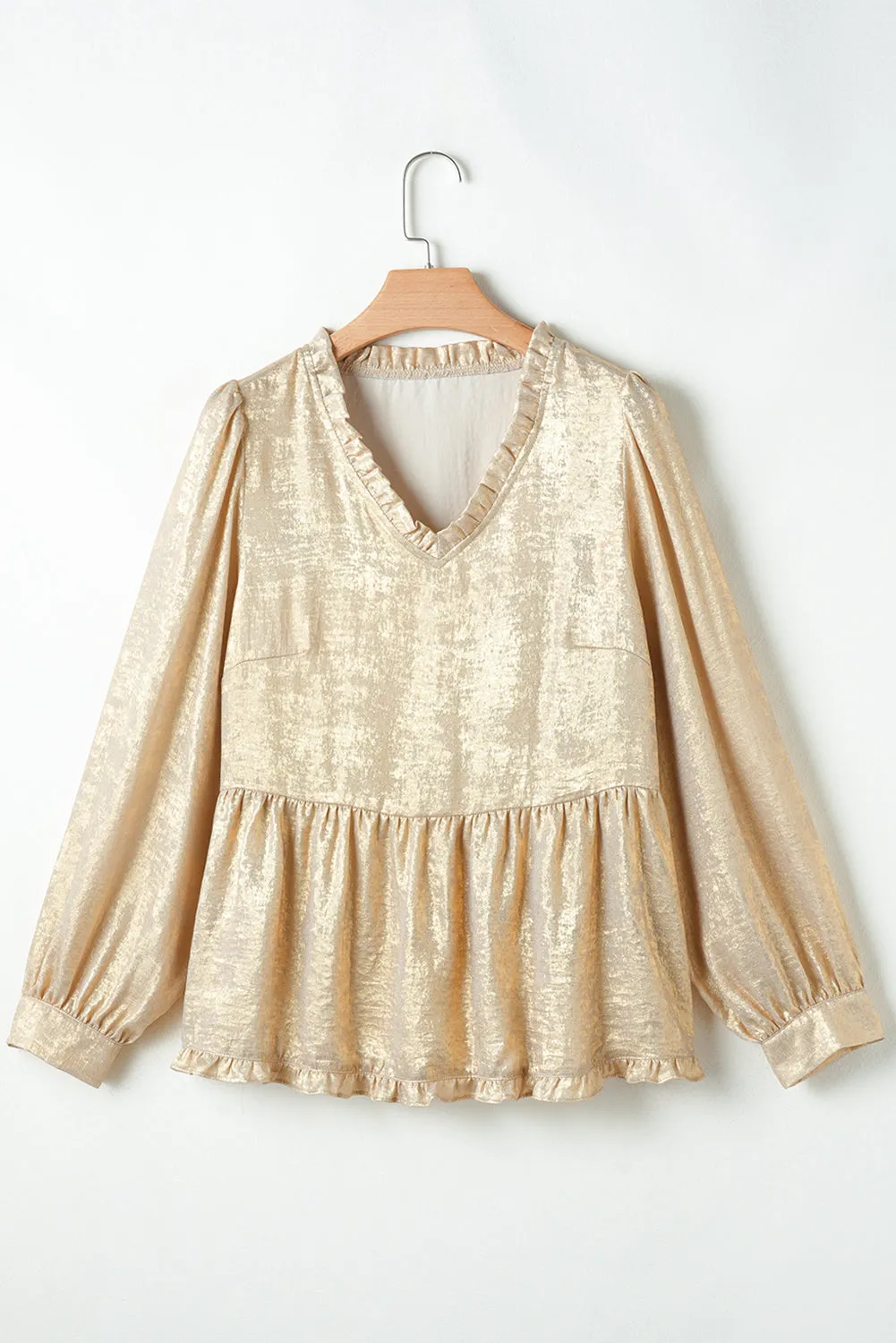 Trendy Metallic V-Neck Blouse with Frill Details