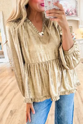 Trendy Metallic V-Neck Blouse with Frill Details