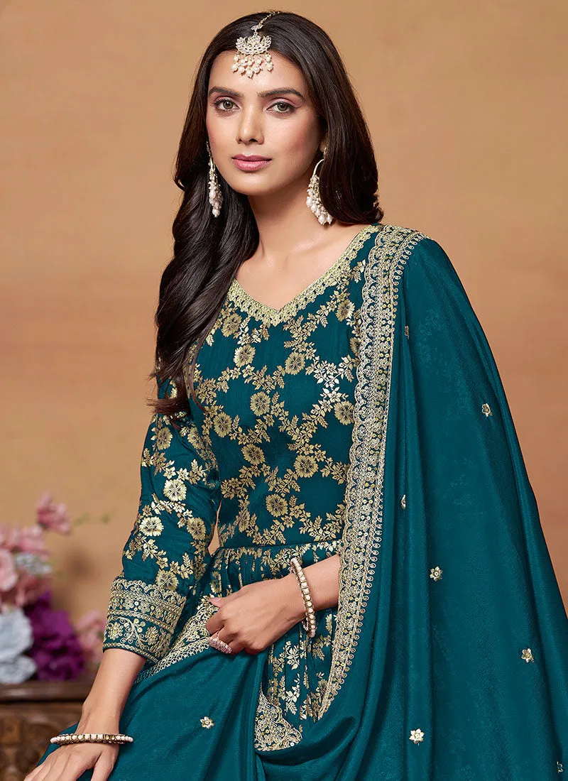 Turquoise Embroidery Anarkali Suit For Wedding