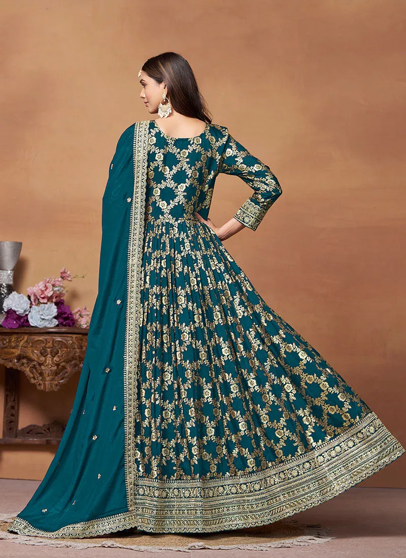 Turquoise Embroidery Anarkali Suit For Wedding