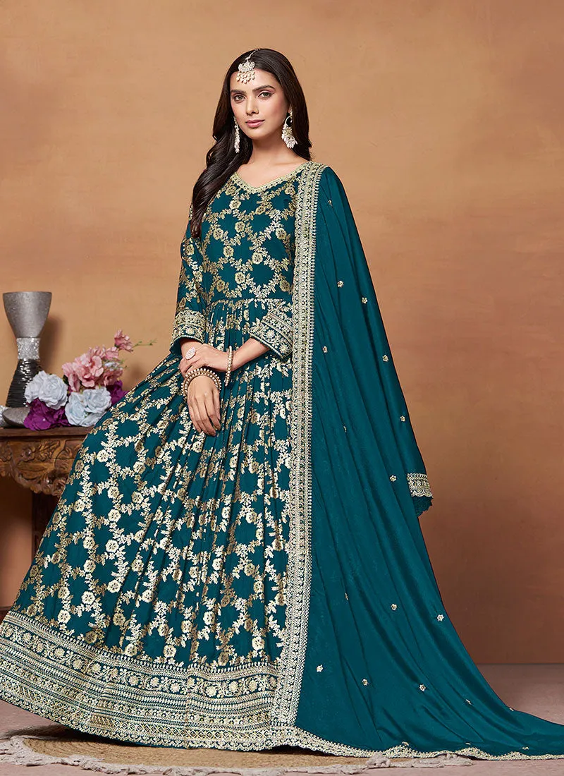 Turquoise Embroidery Anarkali Suit For Wedding