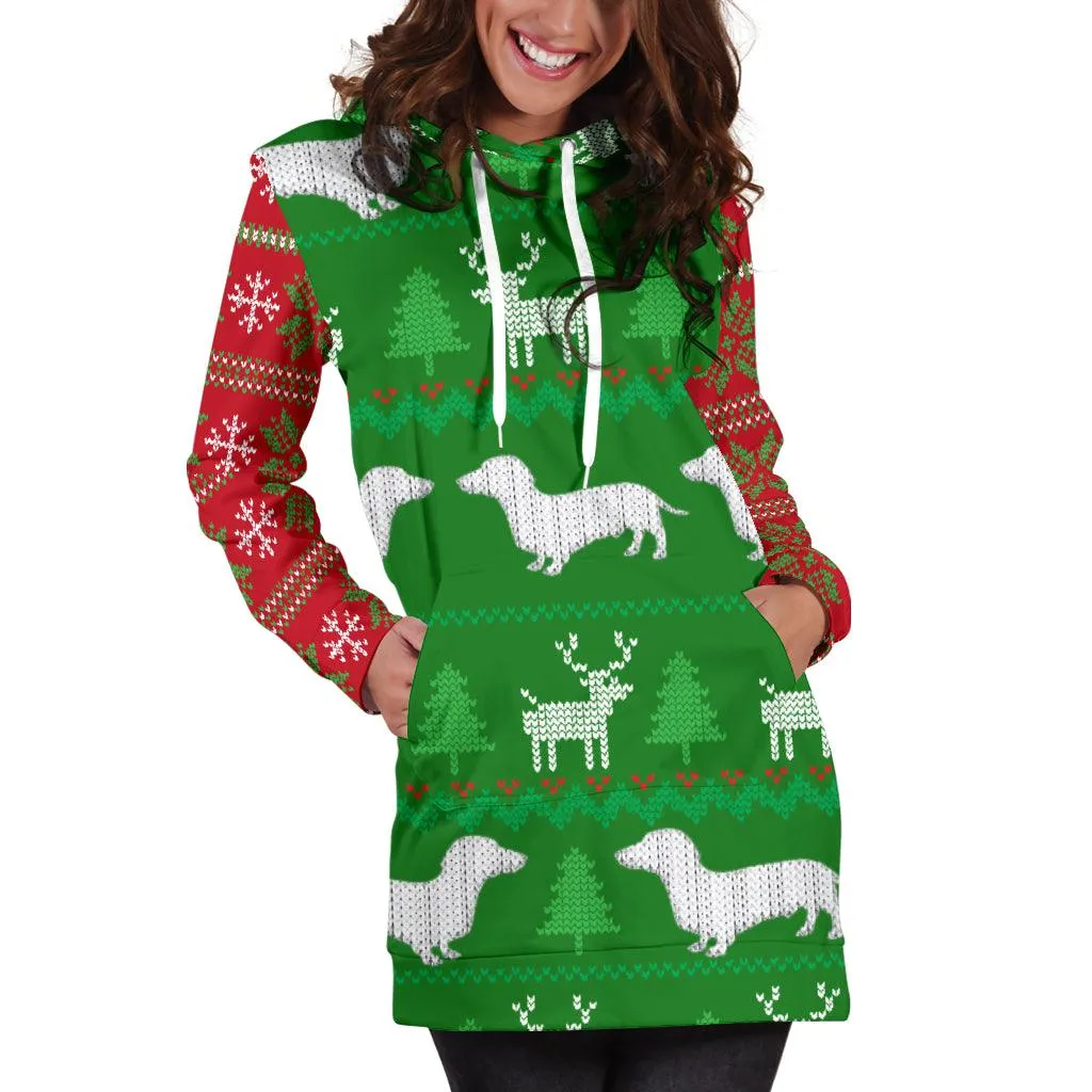Ugly Christmas Sweater Hoodie Dress With Dachshunds