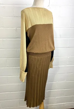 Vintage 1980s Long Sleeve Brown Knit Dress, Laura Biagiotti, Medium