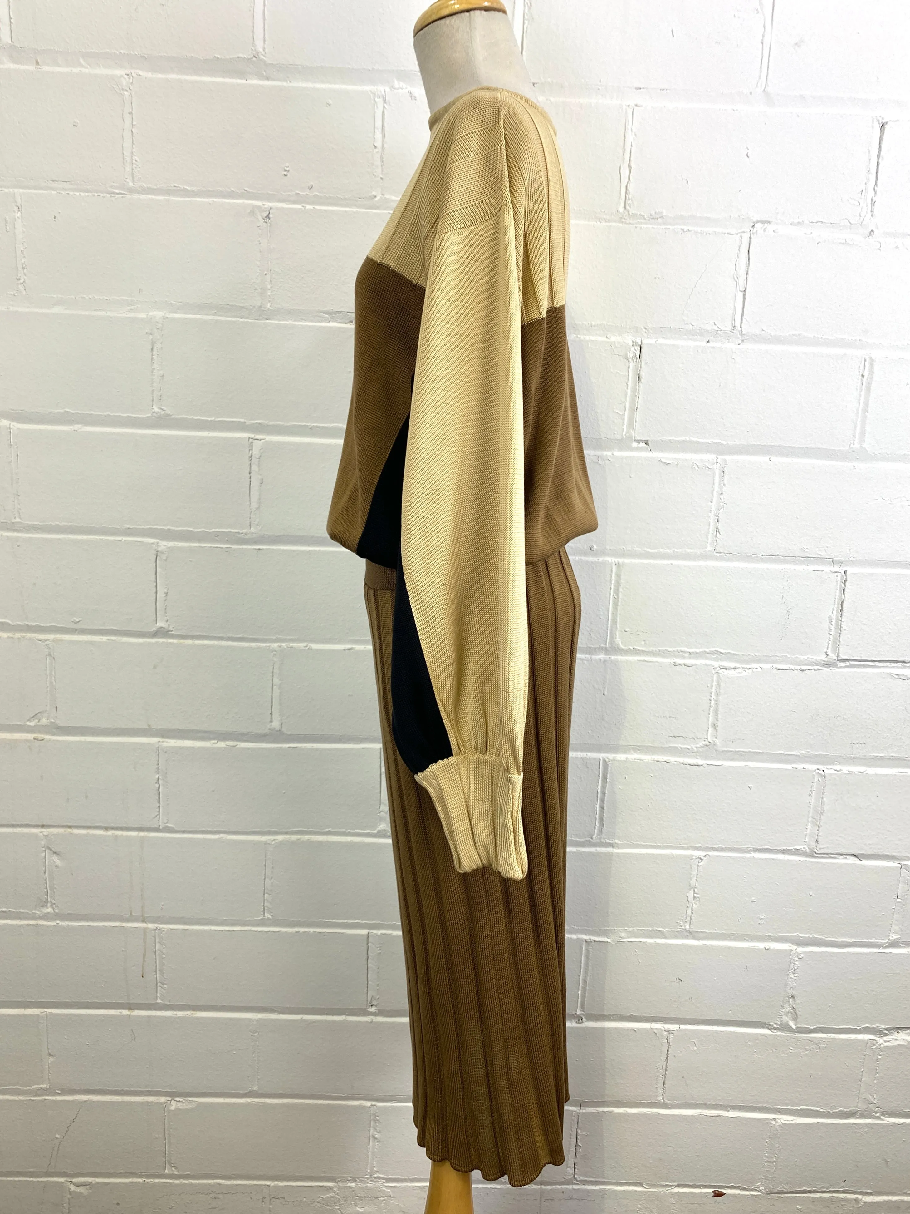 Vintage 1980s Long Sleeve Brown Knit Dress, Laura Biagiotti, Medium