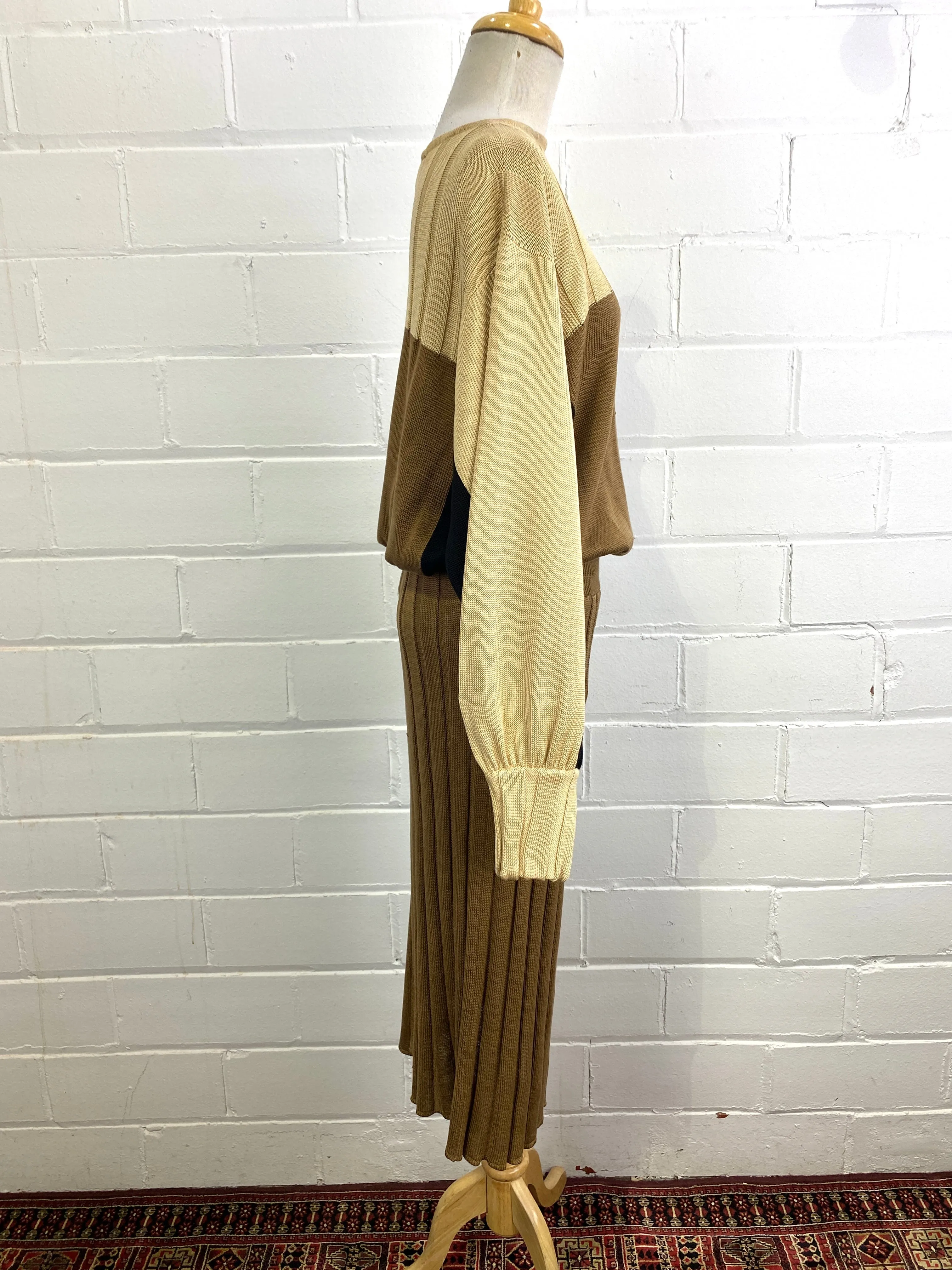 Vintage 1980s Long Sleeve Brown Knit Dress, Laura Biagiotti, Medium