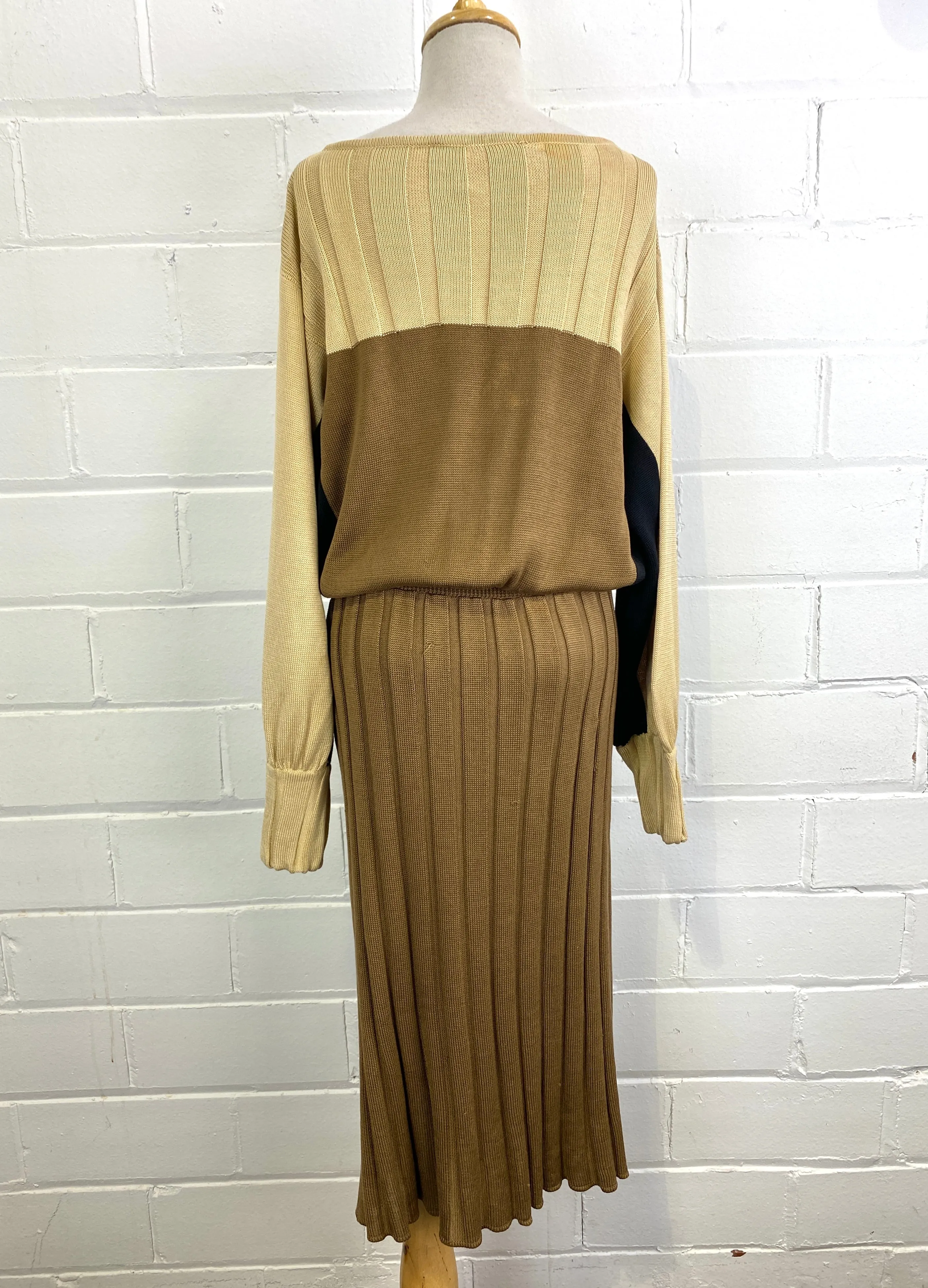 Vintage 1980s Long Sleeve Brown Knit Dress, Laura Biagiotti, Medium