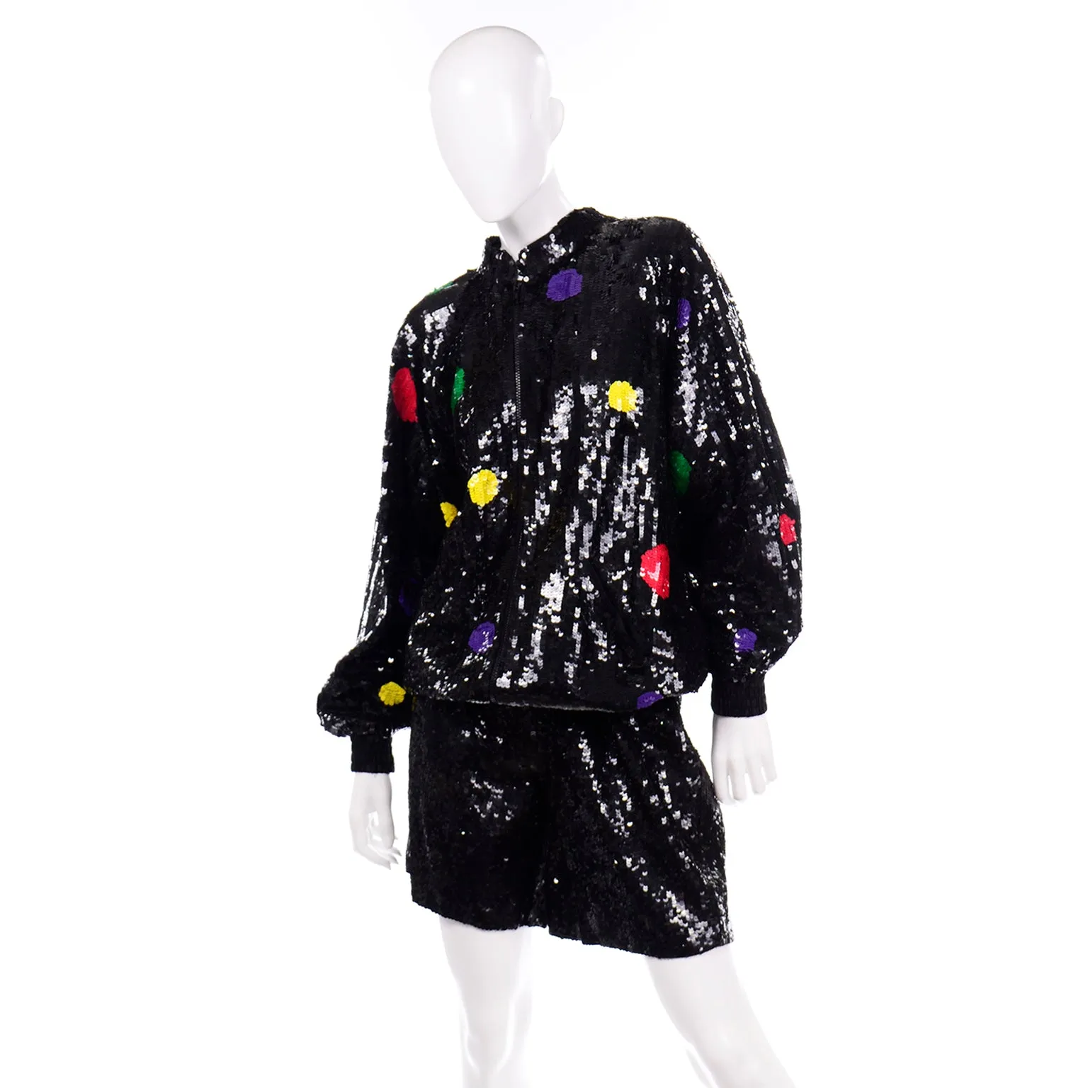 Vintage Lillie Rubin Black Silk Sequin Shorts & Zip Front Sweatshirt Set W Polka Dots