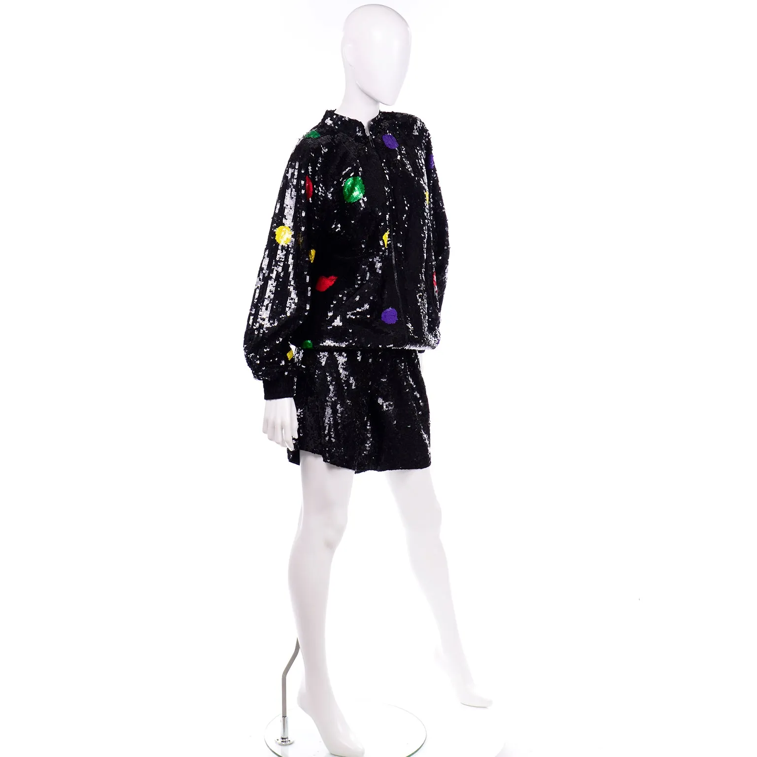 Vintage Lillie Rubin Black Silk Sequin Shorts & Zip Front Sweatshirt Set W Polka Dots