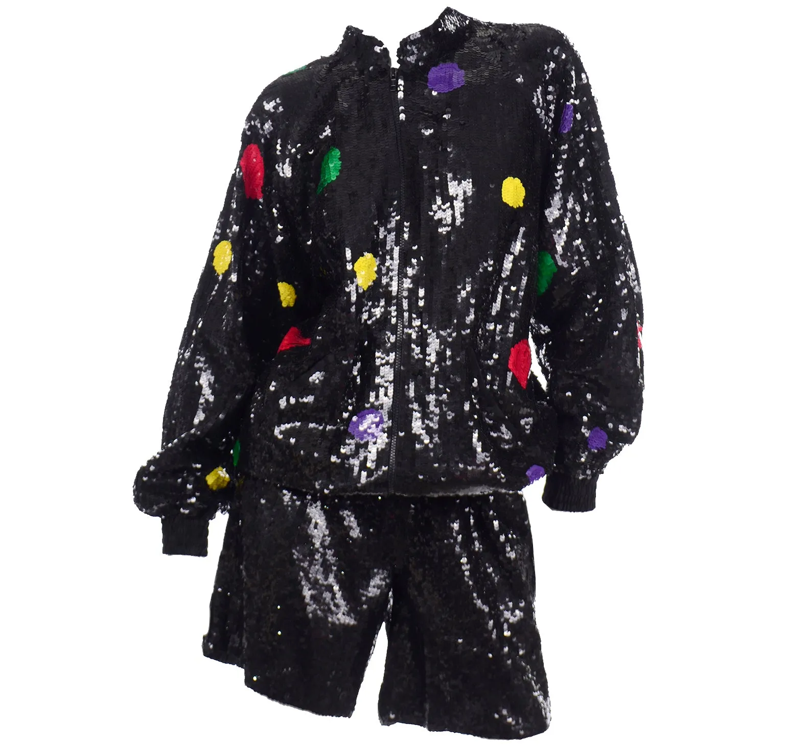 Vintage Lillie Rubin Black Silk Sequin Shorts & Zip Front Sweatshirt Set W Polka Dots