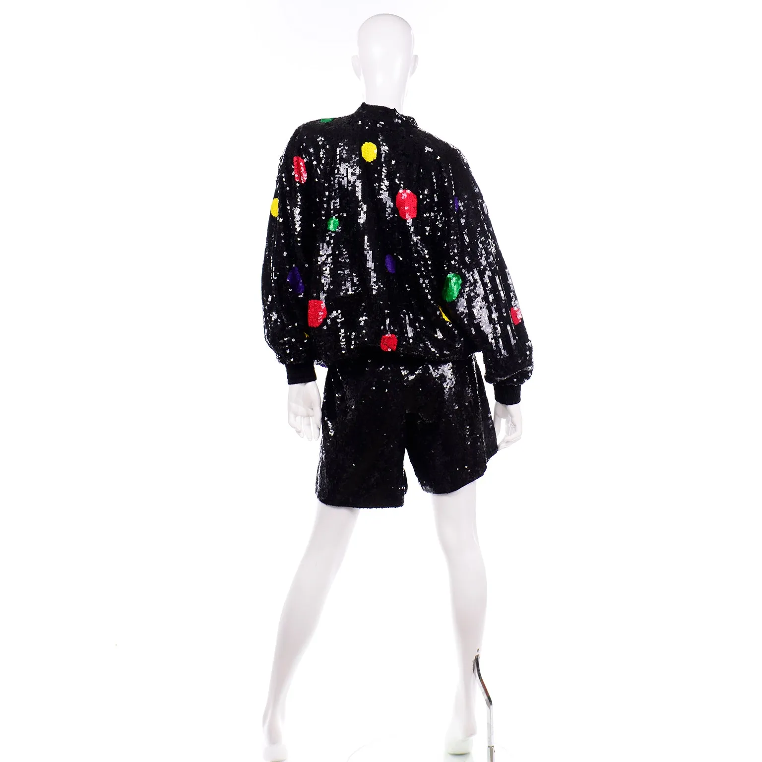 Vintage Lillie Rubin Black Silk Sequin Shorts & Zip Front Sweatshirt Set W Polka Dots