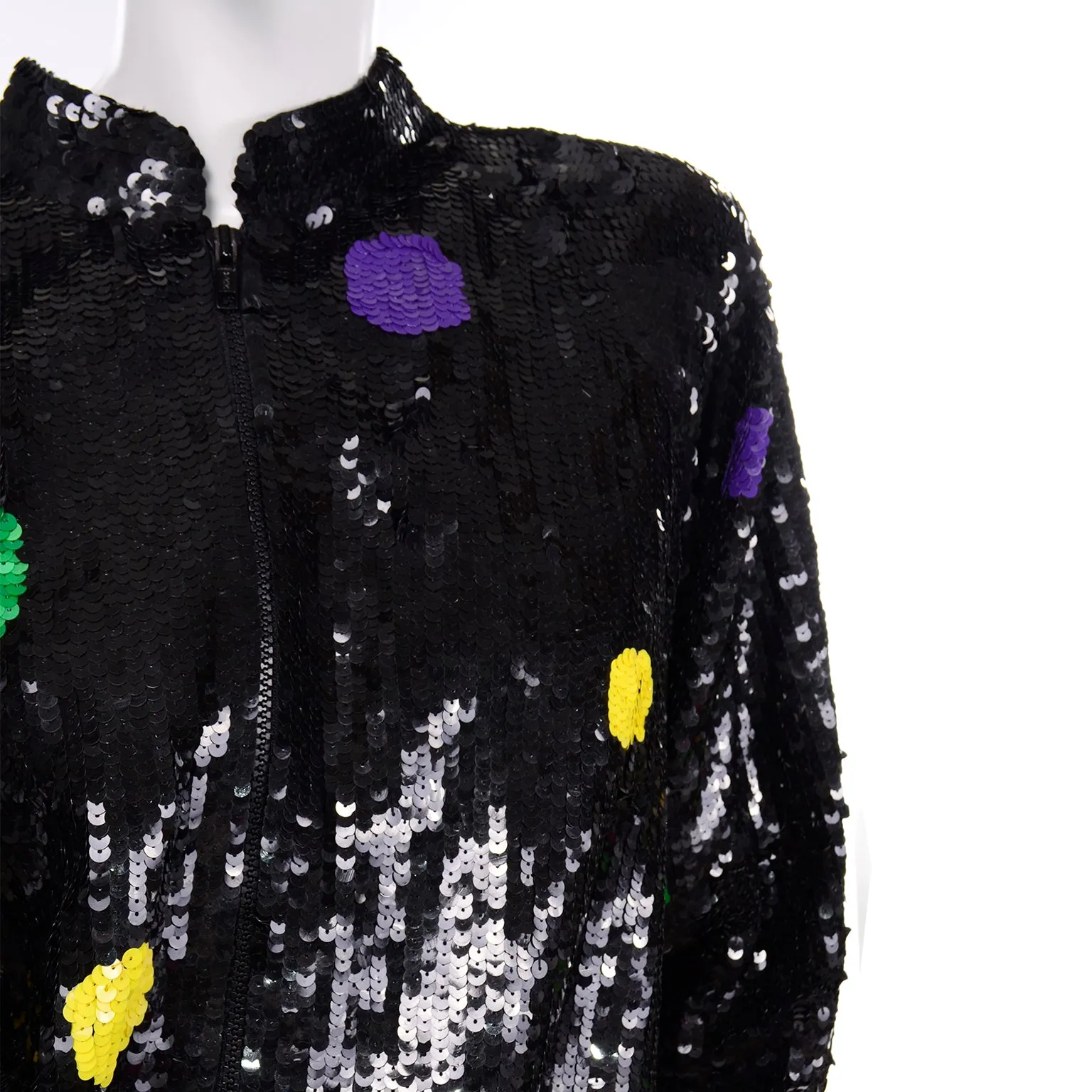 Vintage Lillie Rubin Black Silk Sequin Shorts & Zip Front Sweatshirt Set W Polka Dots