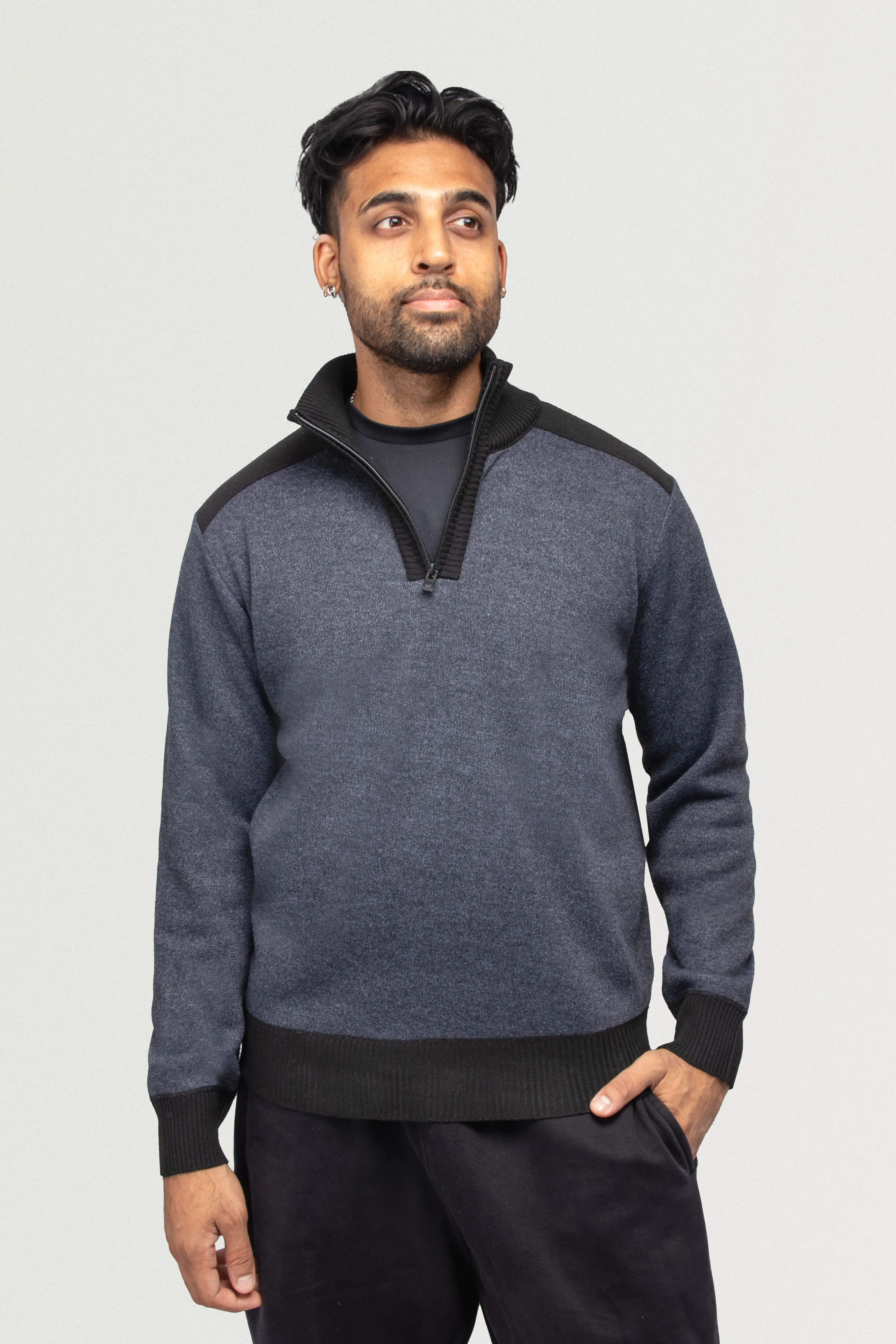 X RAY Men's Quarter Zip Pullover Top W/Contrast Shoulder Piecing